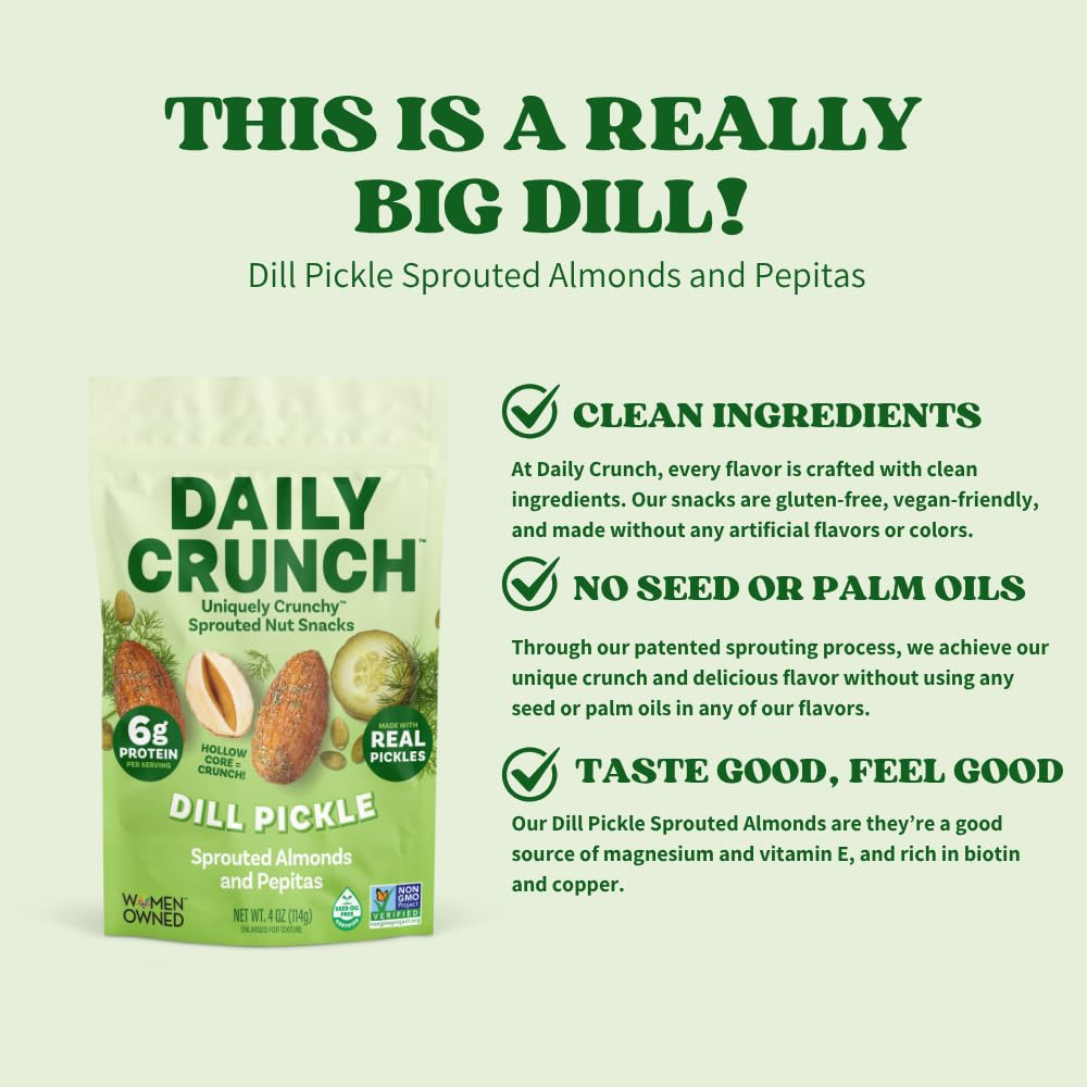 Daily Crunch dehydrated nuts dill pickle ingredient list, clean, non-GMO snack options.