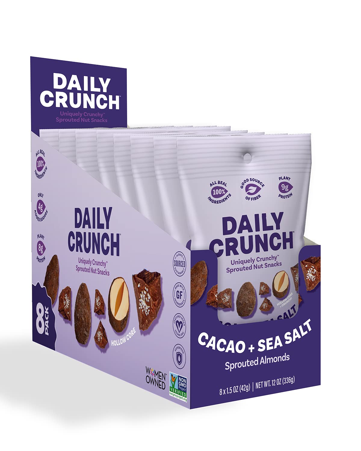 Daily Crunch sprouted almonds in a 1.5oz bag for portable protein.