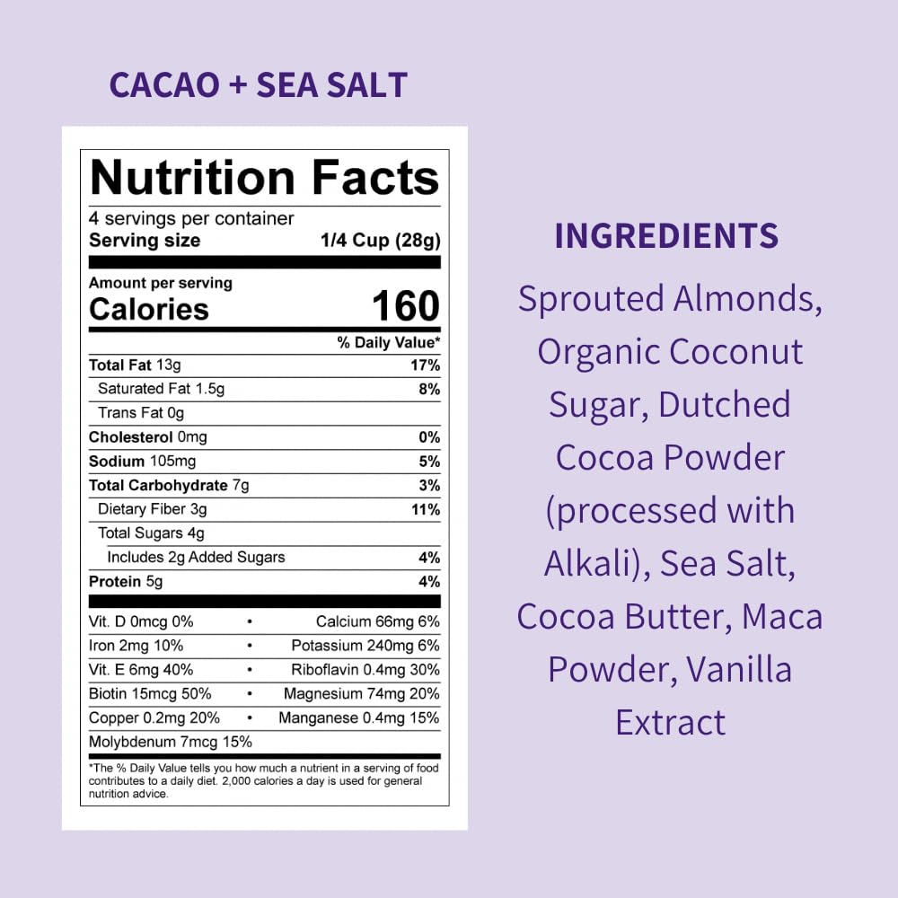 Daily Crunch Sprouted Almonds Cocoa Sea Salt pack back with ingredients and allergen info.