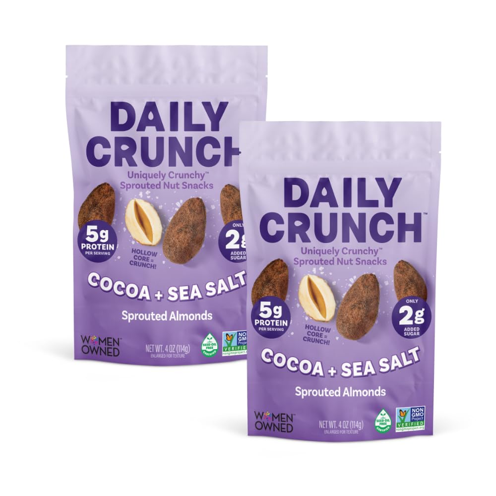 Daily Crunch Sprouted Almonds Cocoa Sea Salt pack front, keto-friendly on-the-go snack.