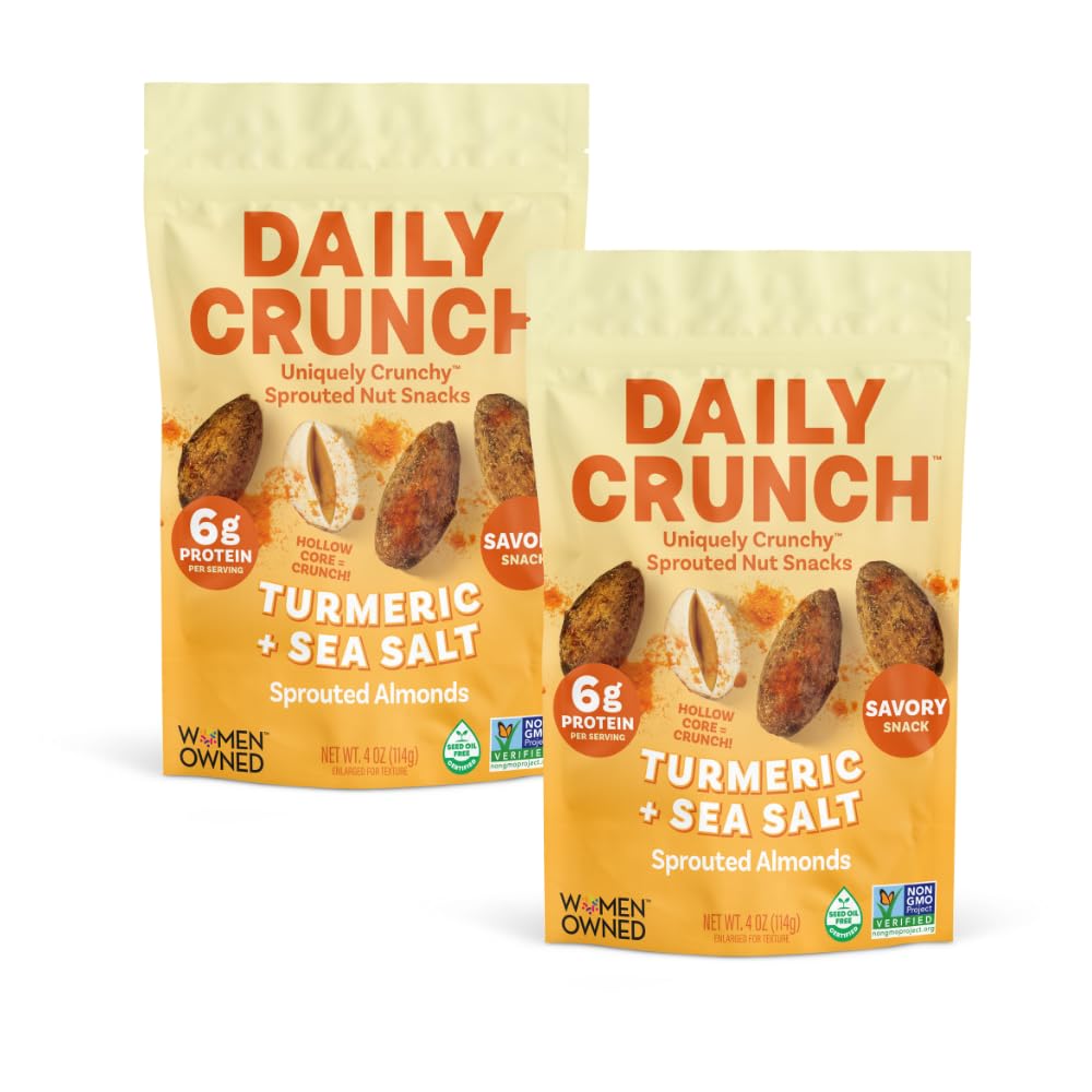 Daily Crunch sprouted almonds turmeric sea salt packaging shows bold, keto-friendly snack.