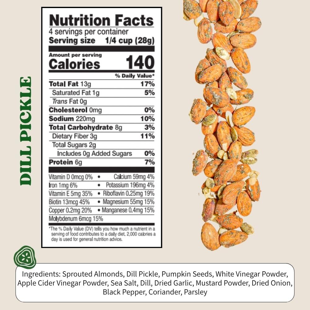 Daily Crunch sprouted dill pickle pepitas closeup highlights seed crunch and zesty notes.