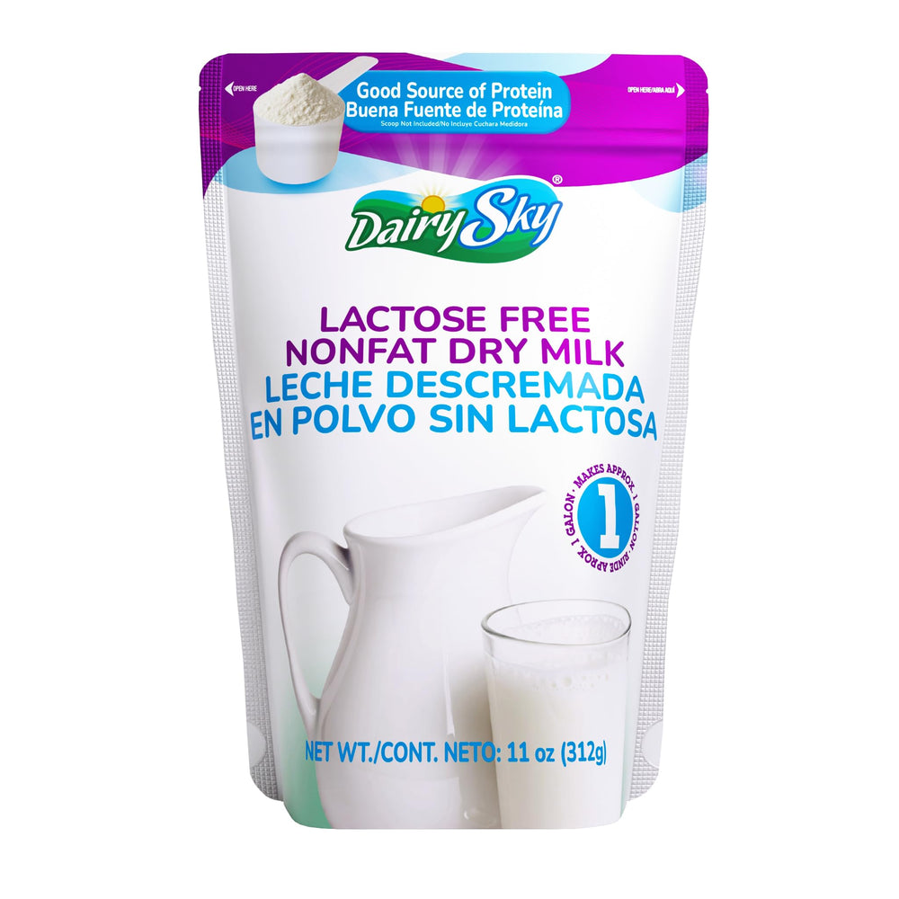 Dairysky lactose-free milk powder in 11 oz pack for lactose-intolerant households.