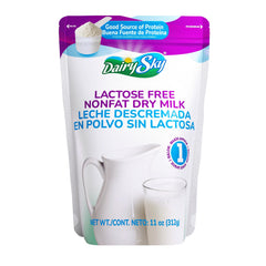 Dairysky lactose-free milk powder in 11 oz pack for lactose-intolerant households.