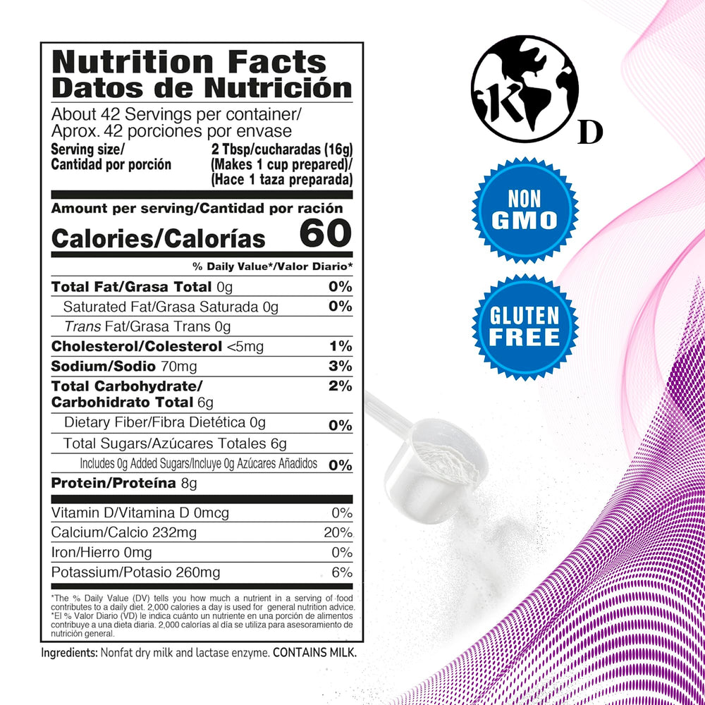 DairySky lactose-free milk powder jar highlights long shelf life.