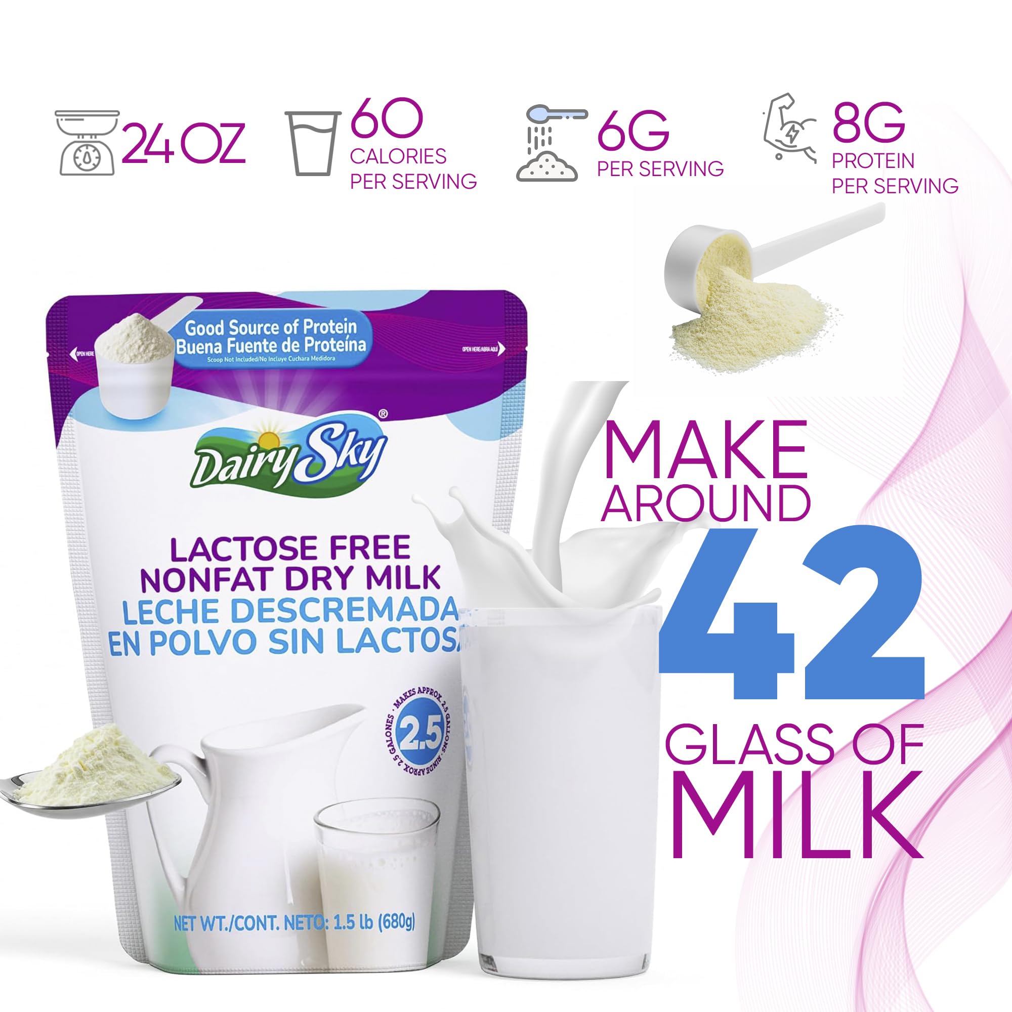 DairySky lactose-free milk powder being poured into a bowl for reconstitution.