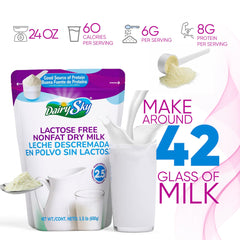 DairySky lactose-free milk powder being poured into a bowl for reconstitution.