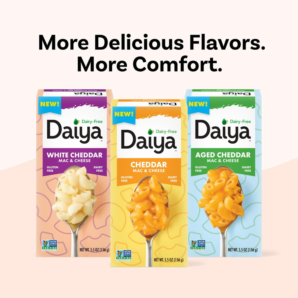 Daiya dairy-free cheddar mac gluten-free label highlighting dietary compatibility.