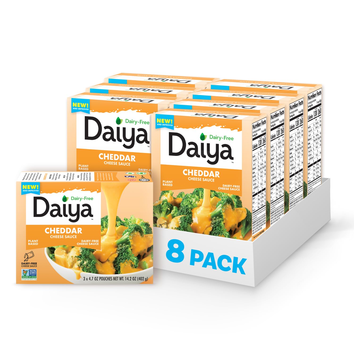 Daiya Dairy Free Cheddar Sauce pouch pouring for creamy topping
