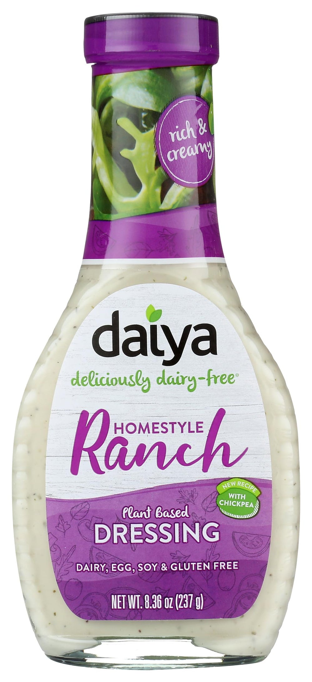 Daiya Homestyle Ranch Dressing bottle showing a dairy-free, plant-based option for salads