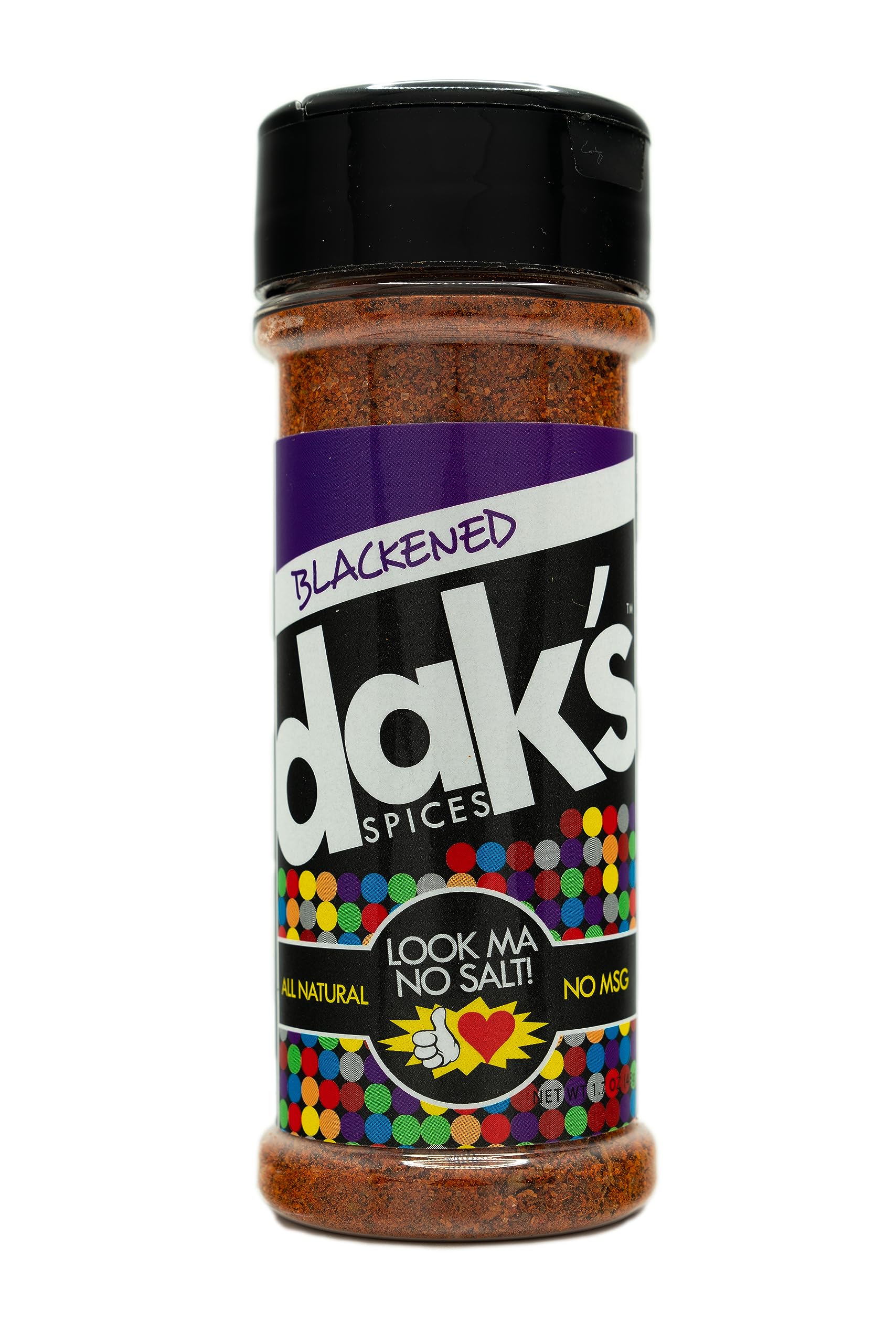 DAK'S Spices blackened seasoning bottle pour showcases salt-free bold flavor