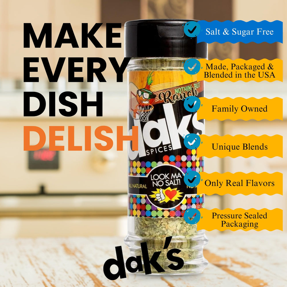 DAK'S Spices Nothin' But Ranch blend shaker dispense showcases quick, flavor-packed seasoning on meals.