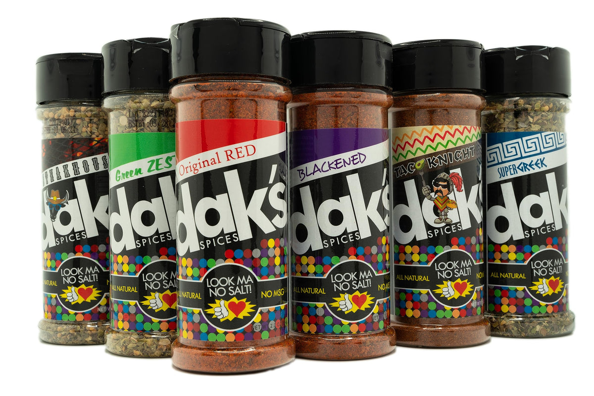 DAK'S Spices Steakhouse bottle showing bold, salt-free flavor for grilling.