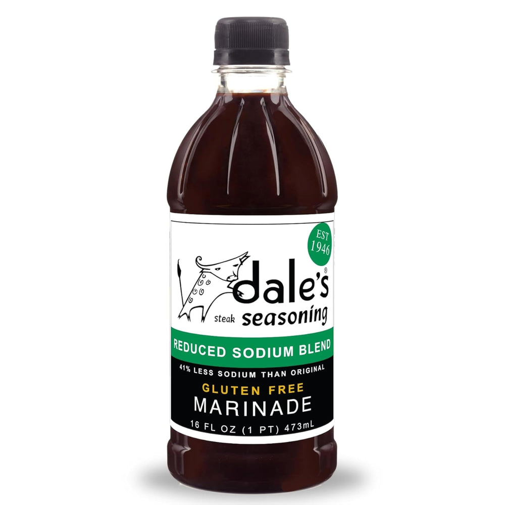 Dale's Less Sodium Marinade bottle ready to flavor steaks with low-sodium taste