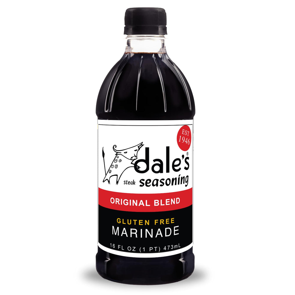 Dales Original Steak Seasoning bottle front, ready to elevate grilled meat with a savory glaze.