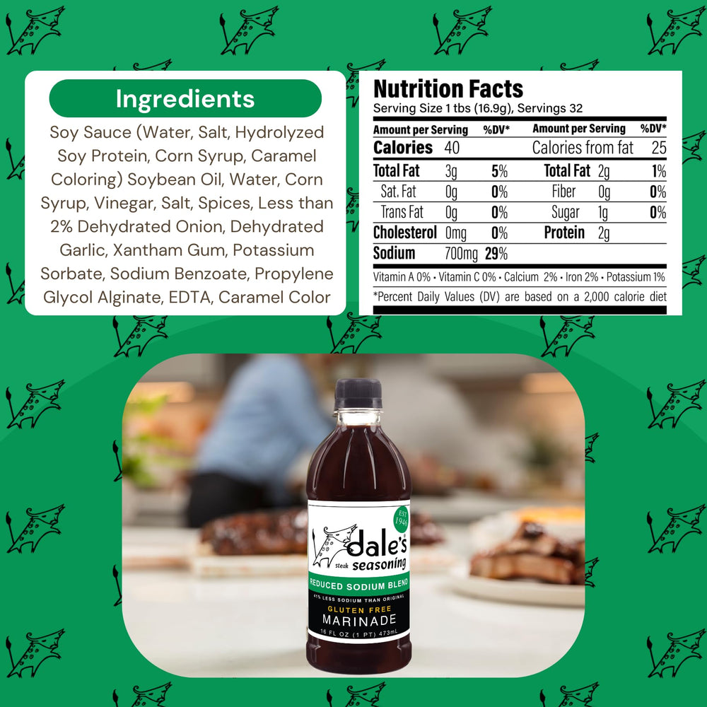 Dale's steak seasoning gluten-free no-cholesterol bottle supports meals with dietary considerations.