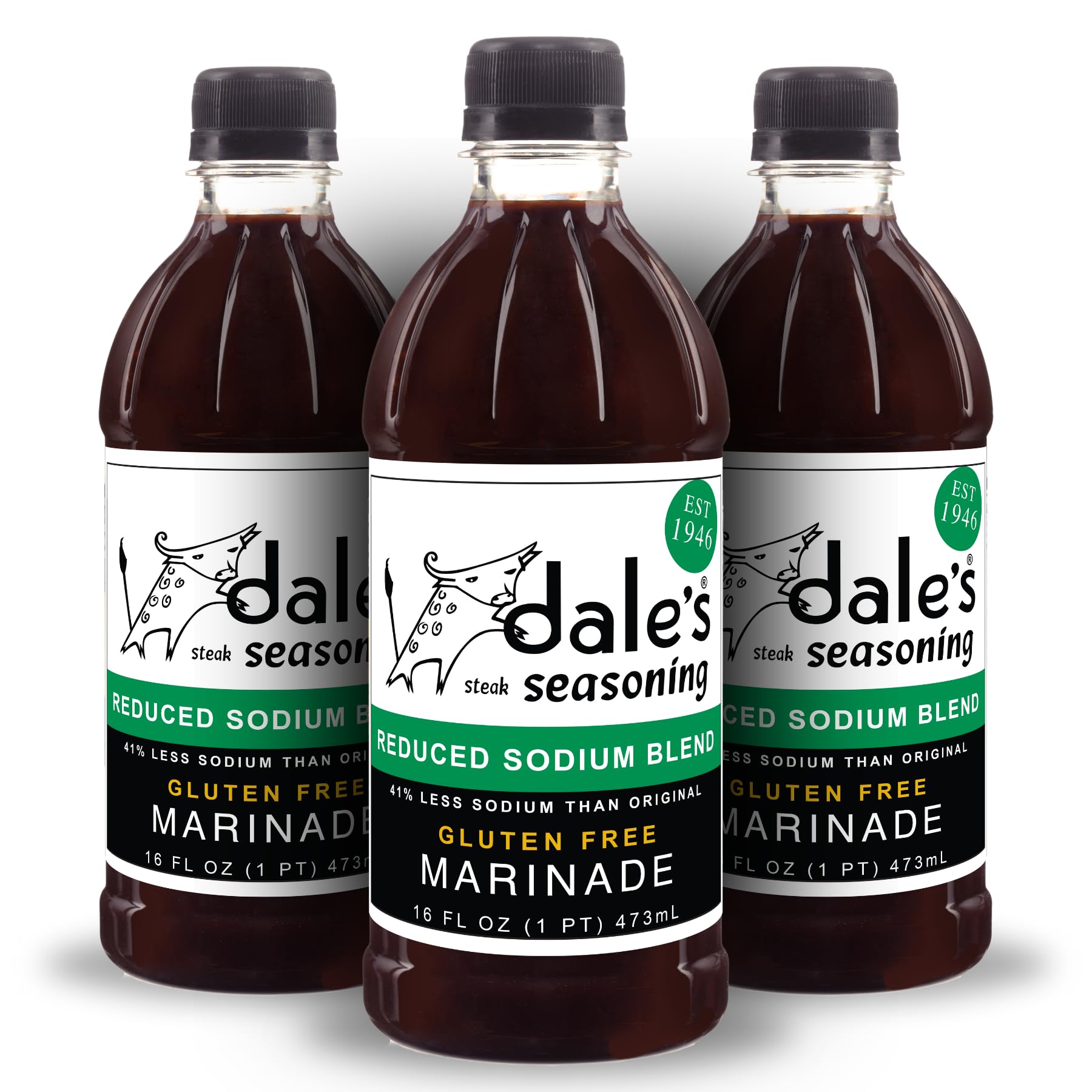 Dale's steak seasoning reduced-sodium bottle enhances savory flavor with less salt.