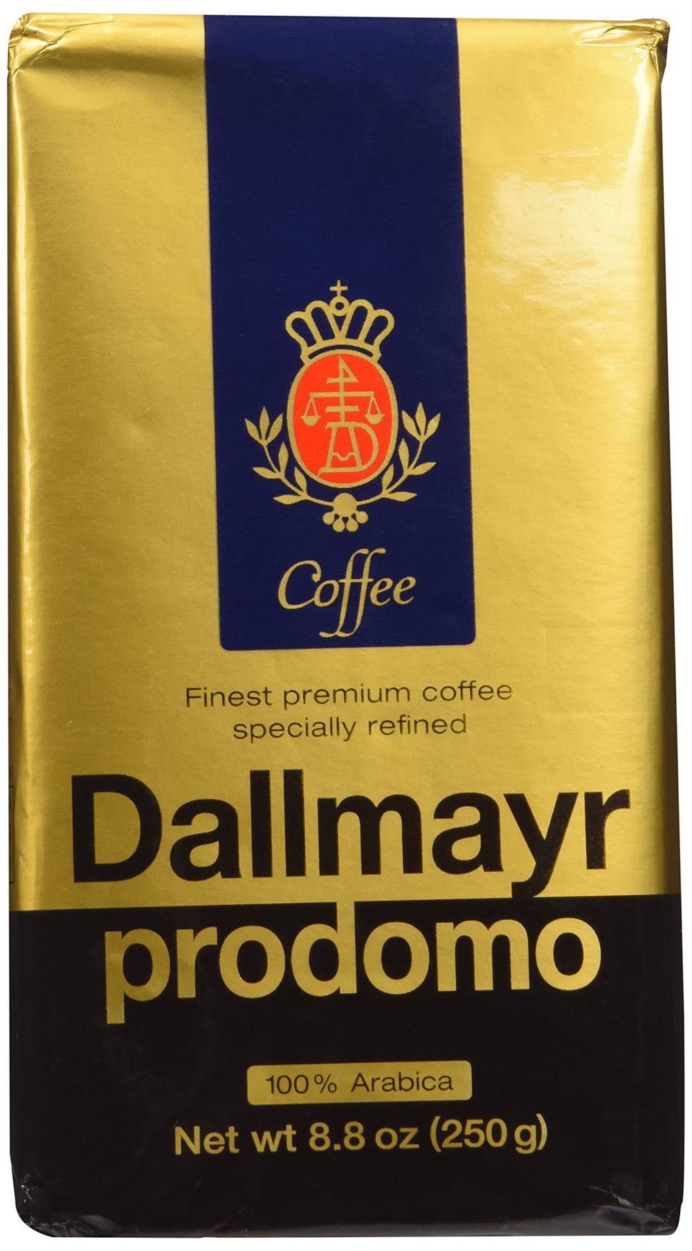 Dallmayr Ground Prodomo packaging eight-ounce close-up, highlighting premium quality.