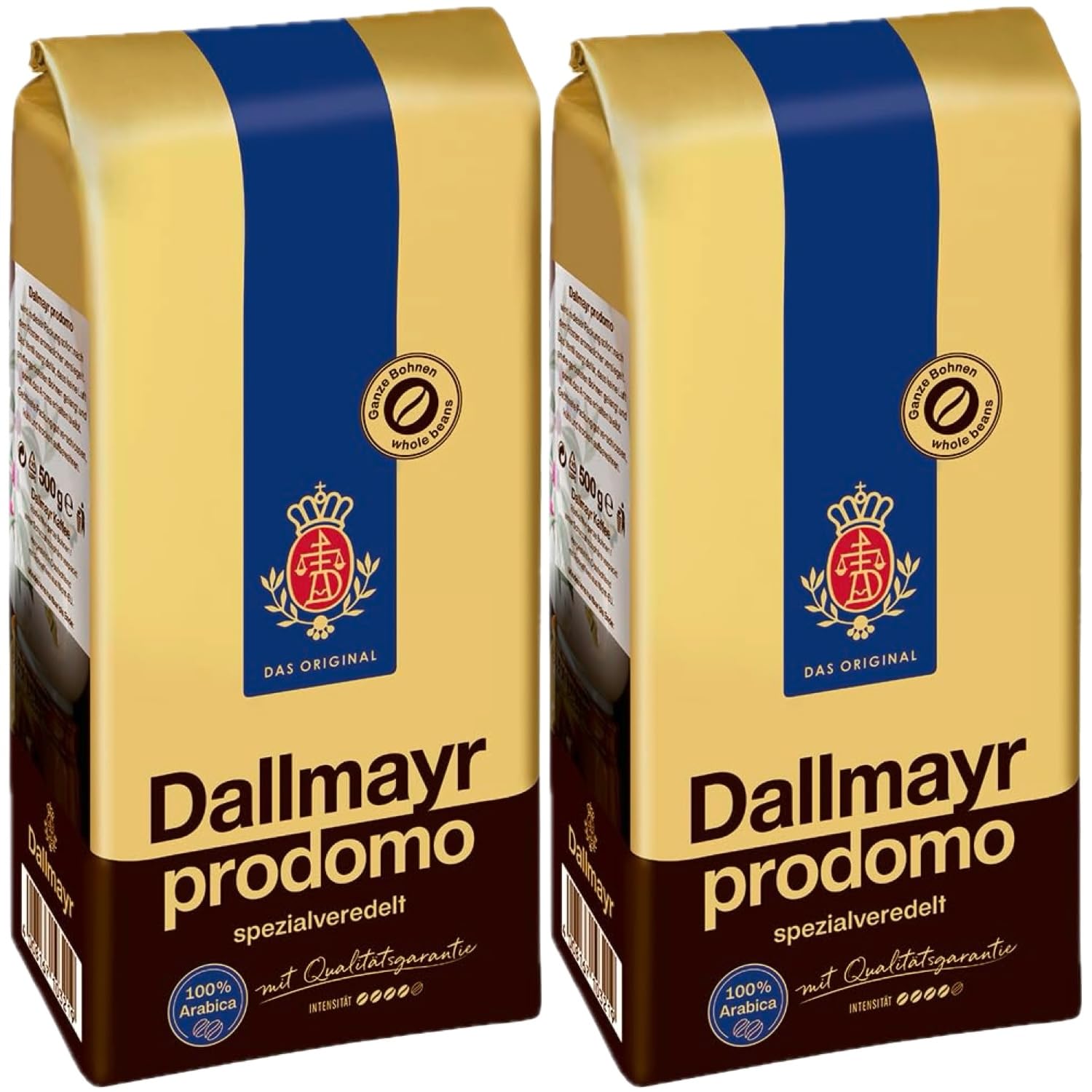 Dallmayr Prodomo whole bean coffee pack ready for grinding and brewing.
