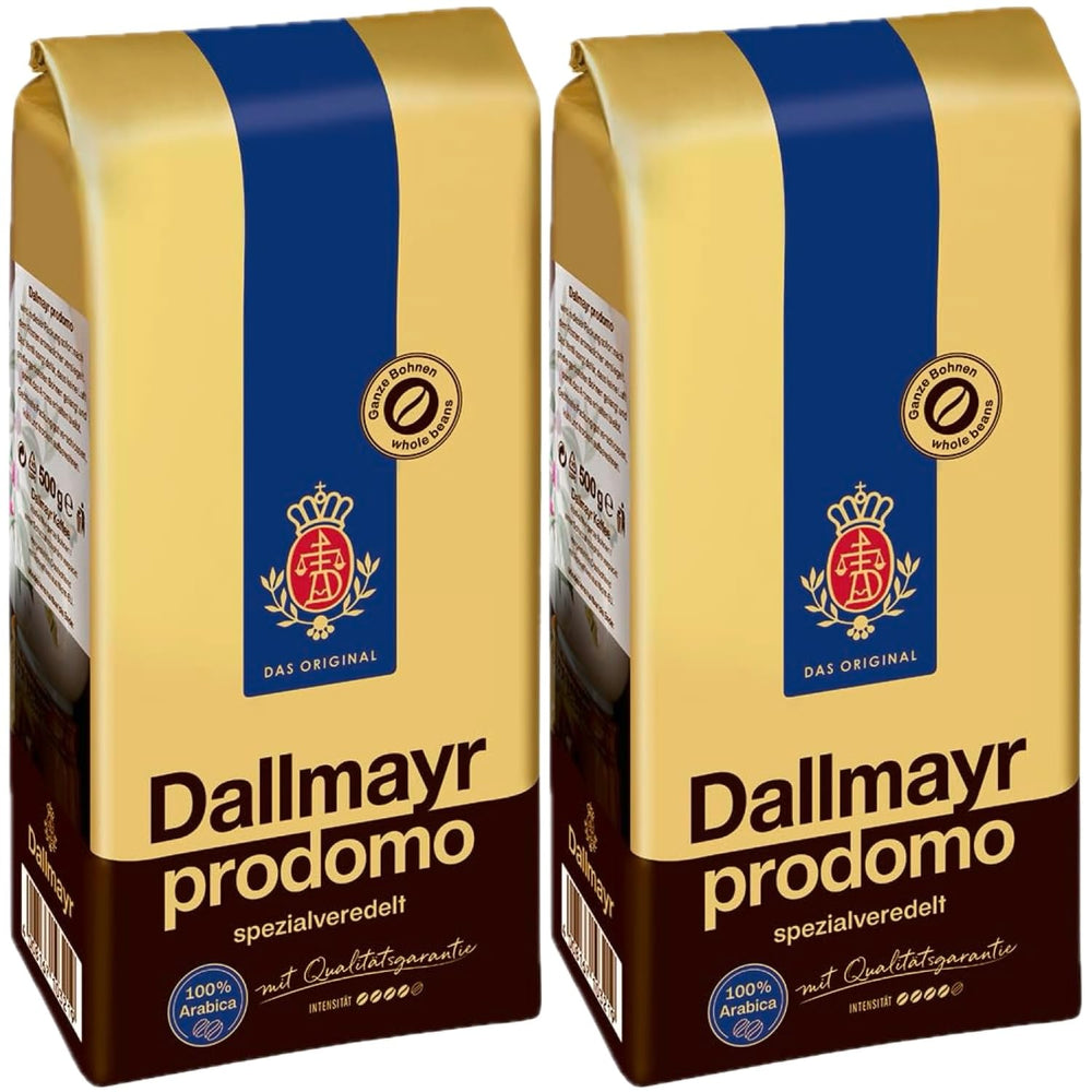 Dallmayr Prodomo whole bean coffee pack ready for grinding and brewing.