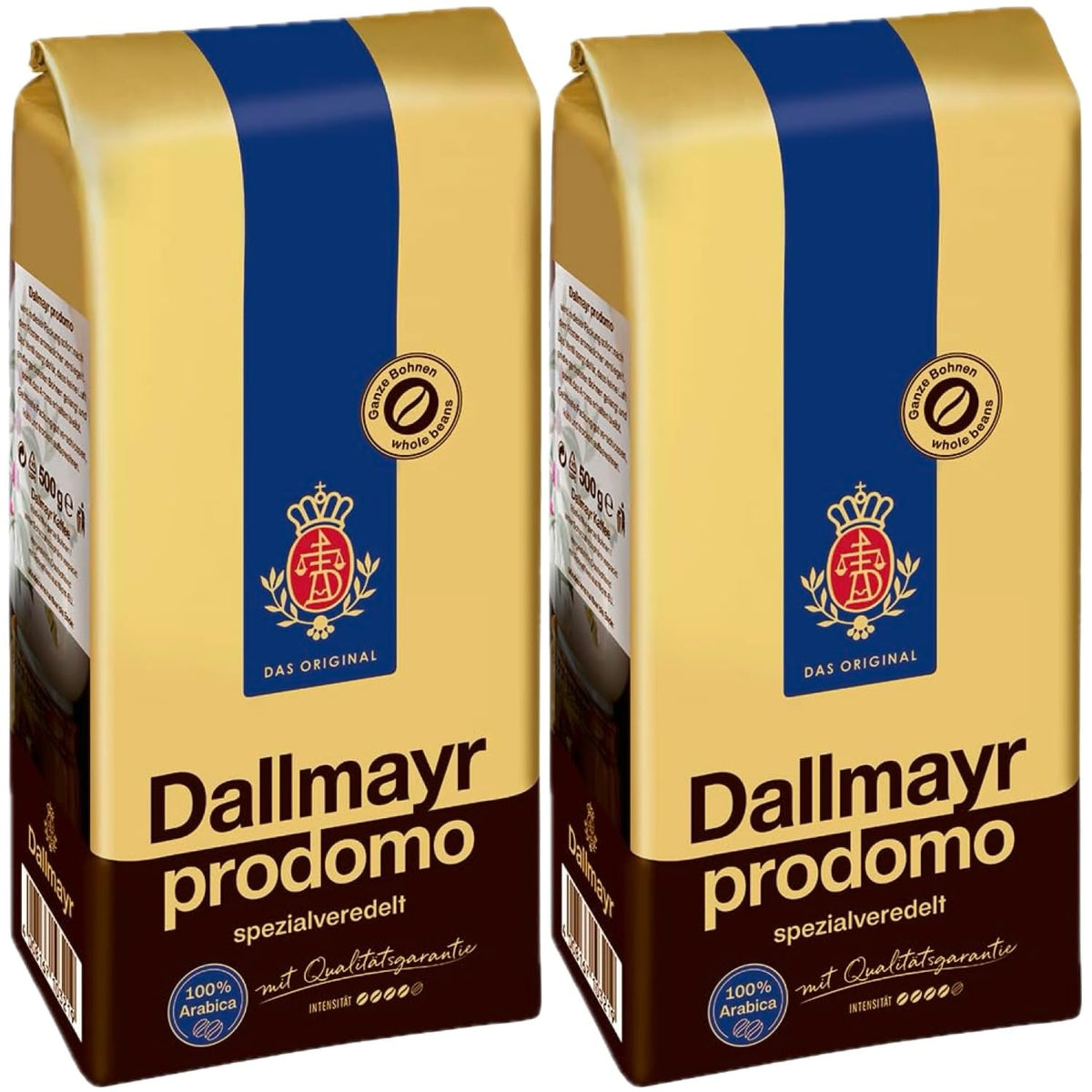 Dallmayr Prodomo whole bean coffee pack ready for grinding and brewing.