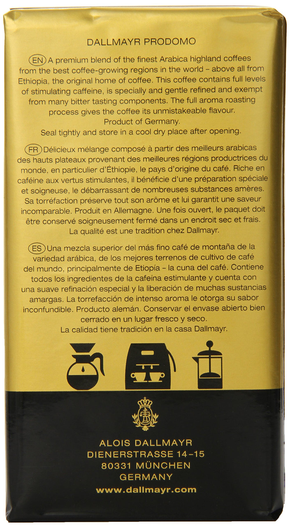 Dallmayr Prodomo Gourmet Coffee packaging, triple-pack convenience for steady mornings.
