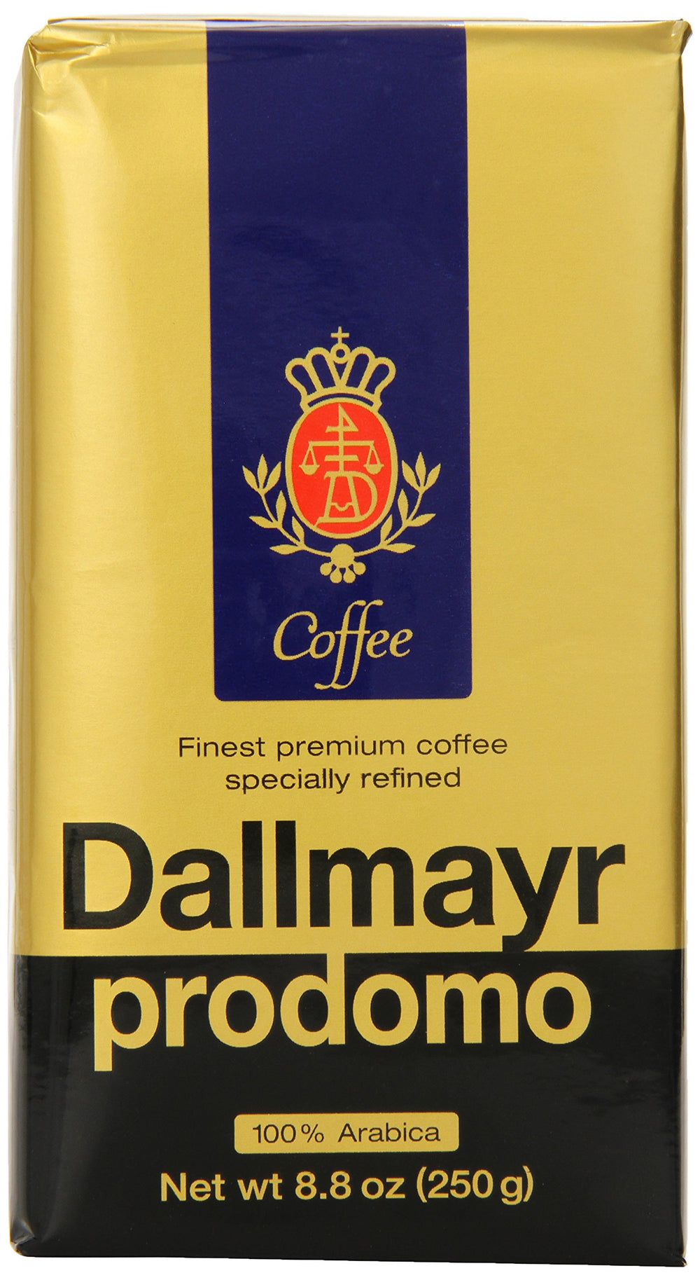 Dallmayr Prodomo ground coffee in triple vacuum pack for lasting freshness.