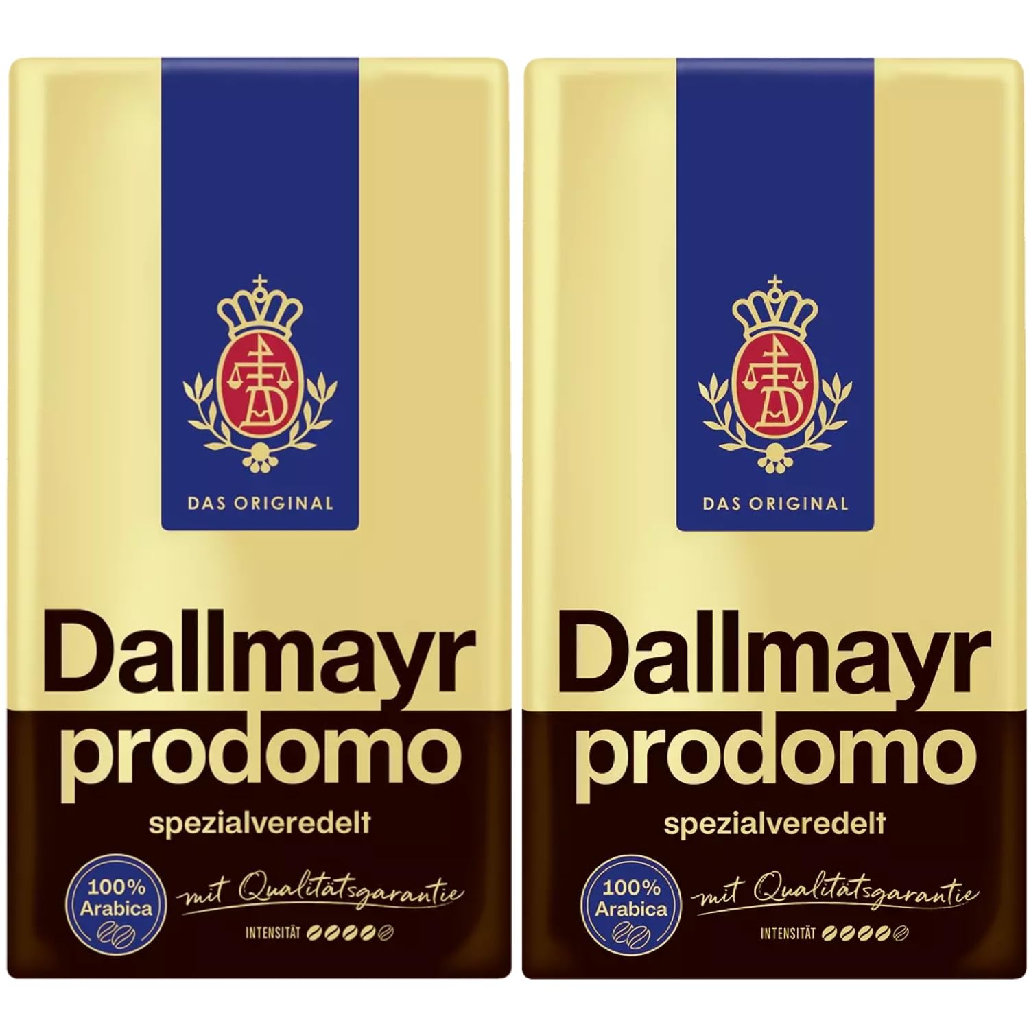 Dallmayr Prodomo two-pack ground coffee on kitchen shelf, ready to brew