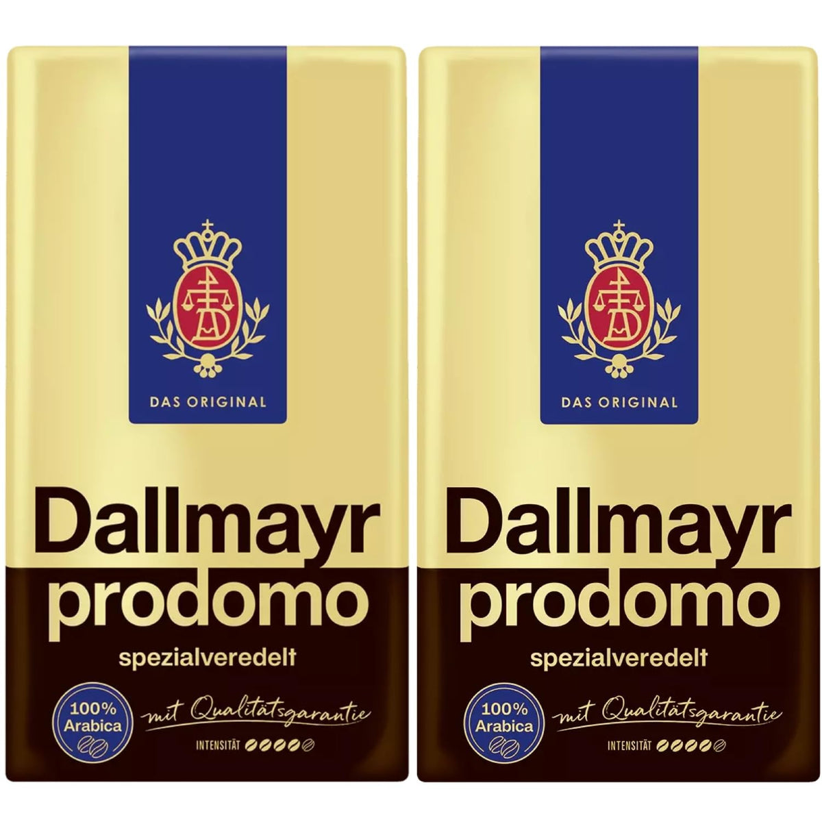 Dallmayr Prodomo two-pack ground coffee on kitchen shelf, ready to brew