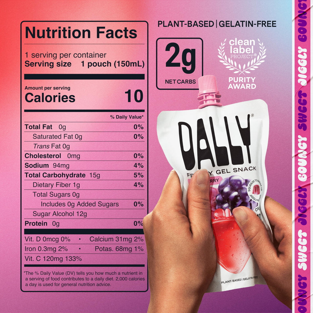 On-the-go DALLY konjac jelly snack with berry flavor in hand