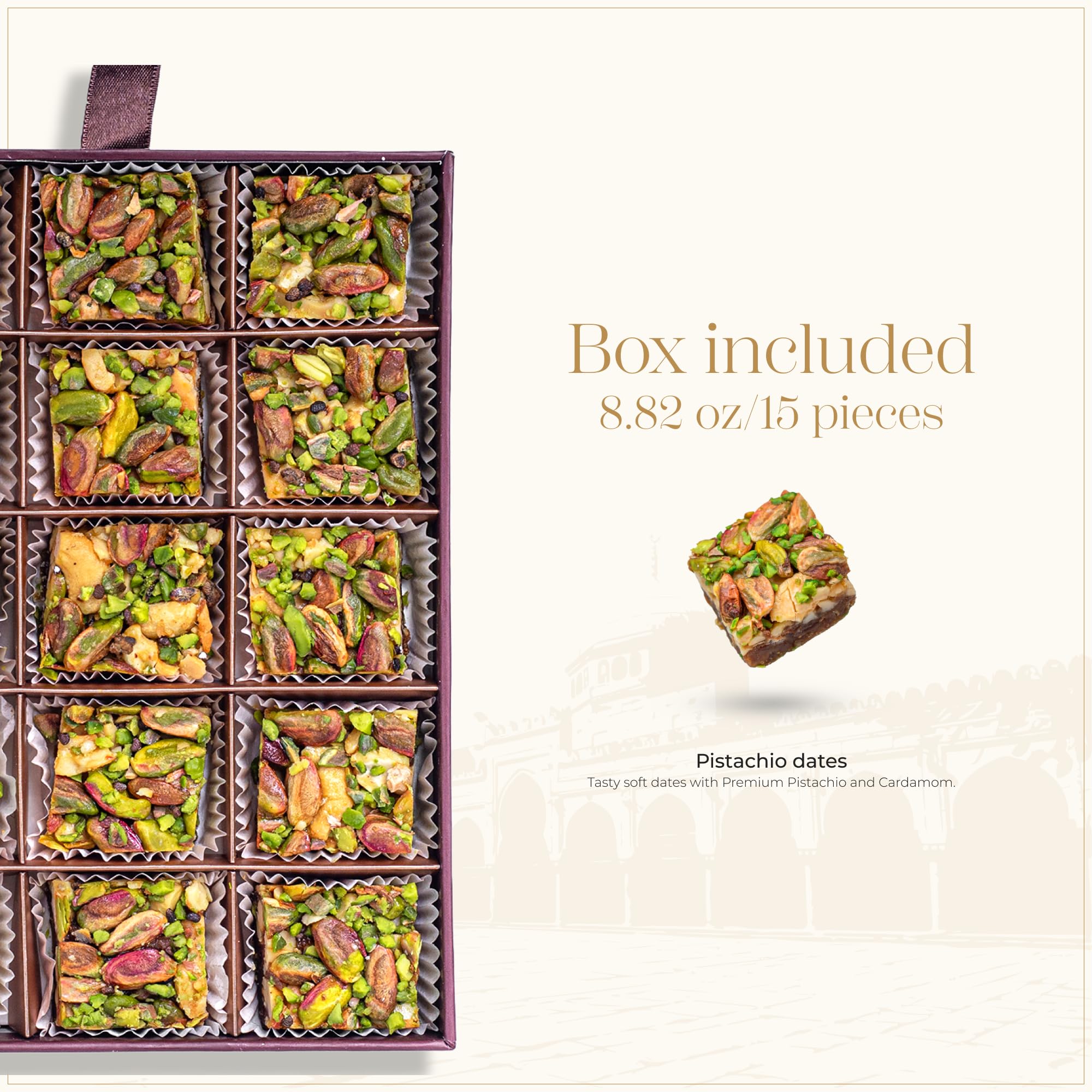 Close-up of Medjool date cubes with pistachios and cashews, showing texture