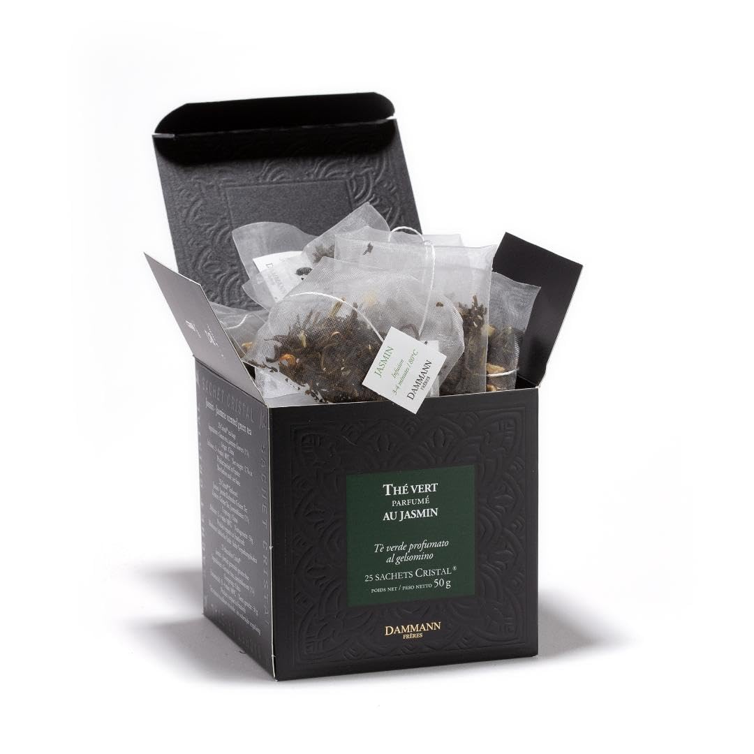 Dammann Freres jasmine green tea teabag close-up showing fragrant aroma