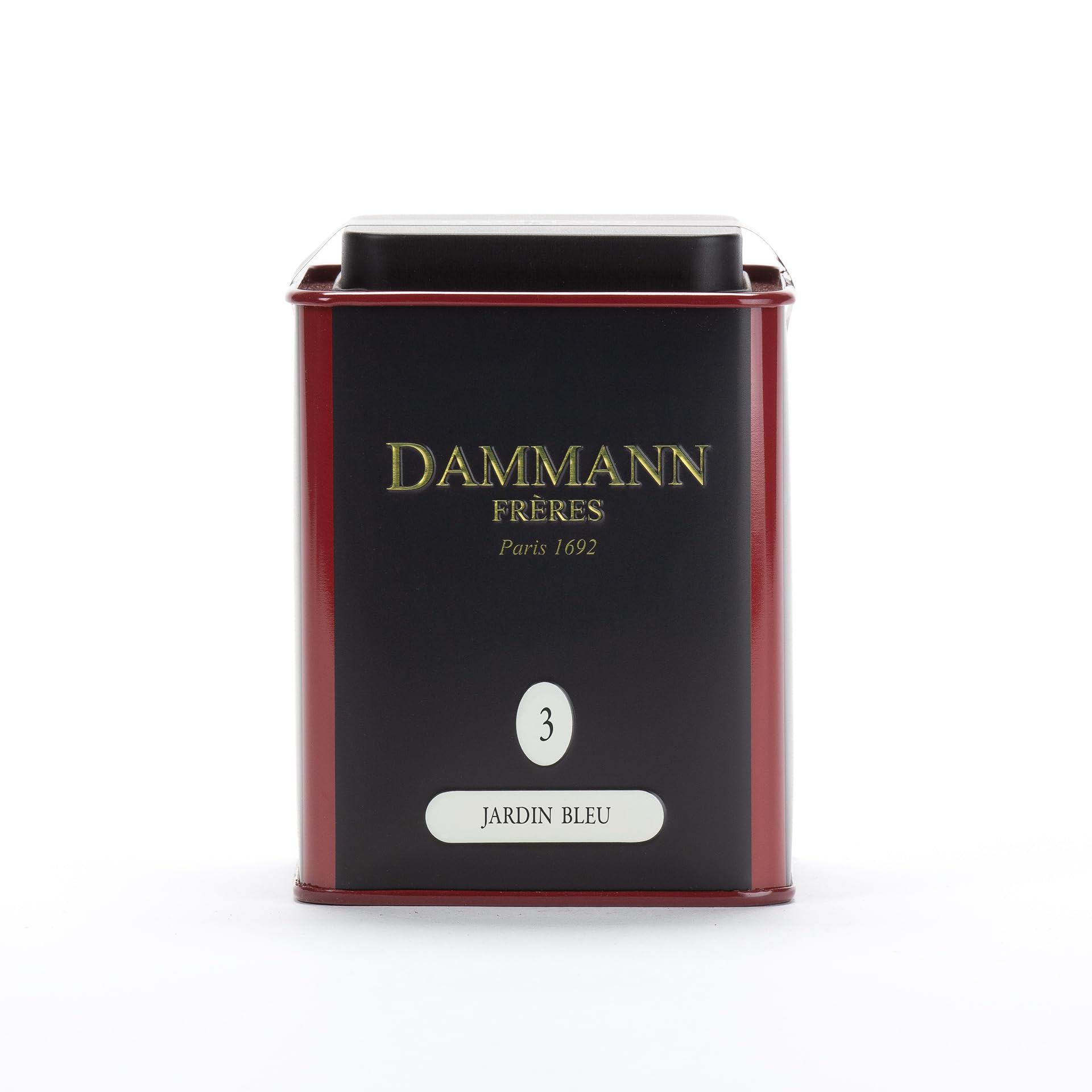 Dammann Frères Jardin Bleu tin display, crafted in Paris for premium flavor.
