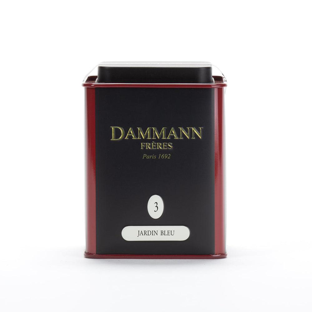 Dammann Frères Jardin Bleu tin display, crafted in Paris for premium flavor.