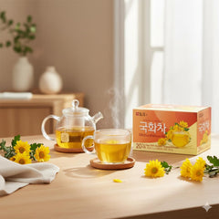 Damtuh Chrysanthemum Tea hot cup releasing a calming aroma.