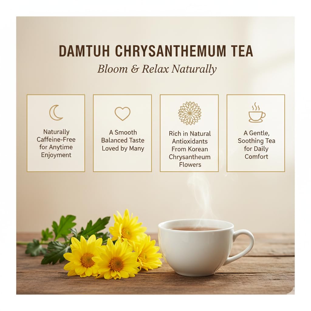 Damtuh Chrysanthemum Tea iced glass suggests refreshing, sugar-free cooling.