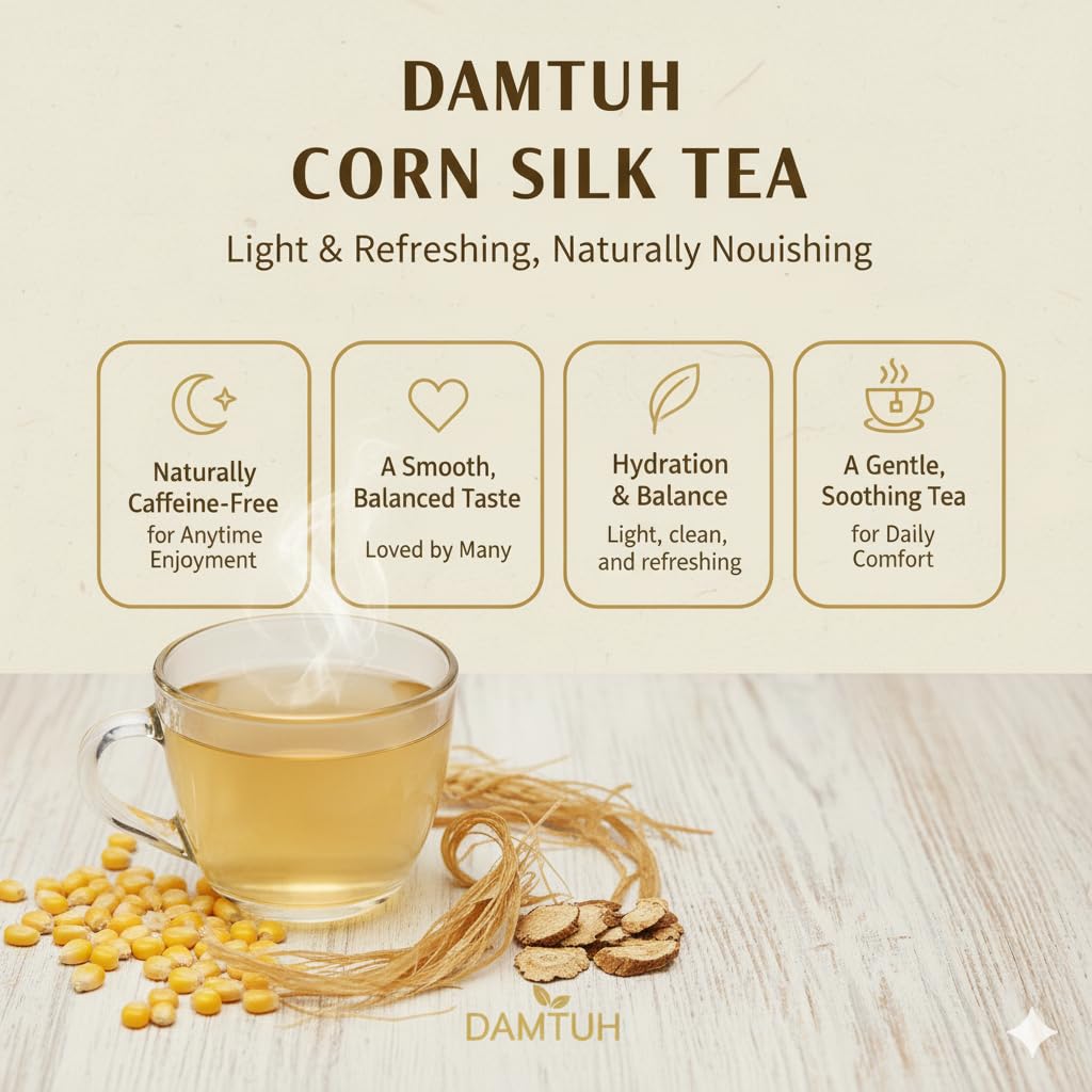 Damtuh Corn Silk Tea box packaging highlighting value and freshness.