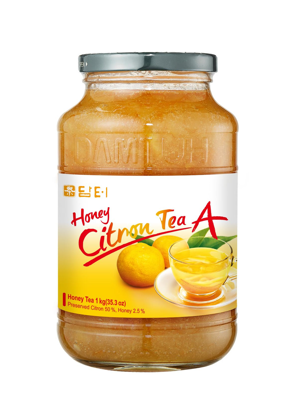 Damtuh Honey Citron Tea jar on kitchen counter, ideal for family sharing.