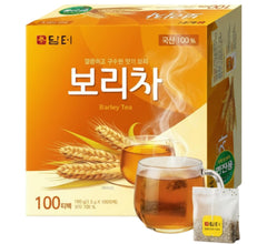 Damtuh Korean Barley Tea packaging shows 100 bags for easy home brewing.