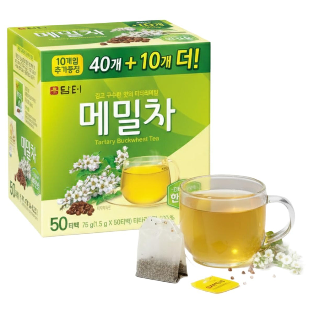Damtuh Tartary Buckwheat Tea bags closeup shows caffeine-free option and nutty aroma