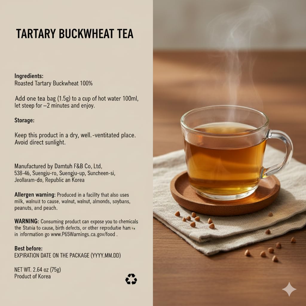 Damtuh Tartary Buckwheat Tea cup with teabag shows nutty aroma and caffeine-free option