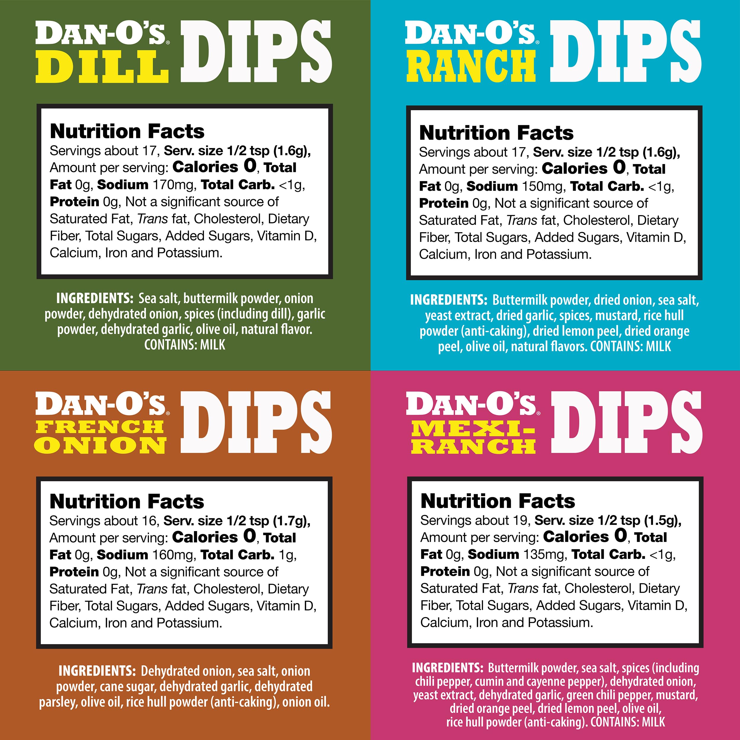 Dan-O's Dips variety pack laid out with packets for easy prep