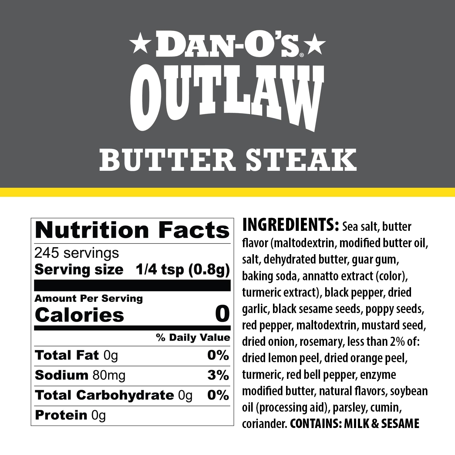 Dan-O's Outlaw Butter Steak Seasoning bottle pour showing even coating on meat.