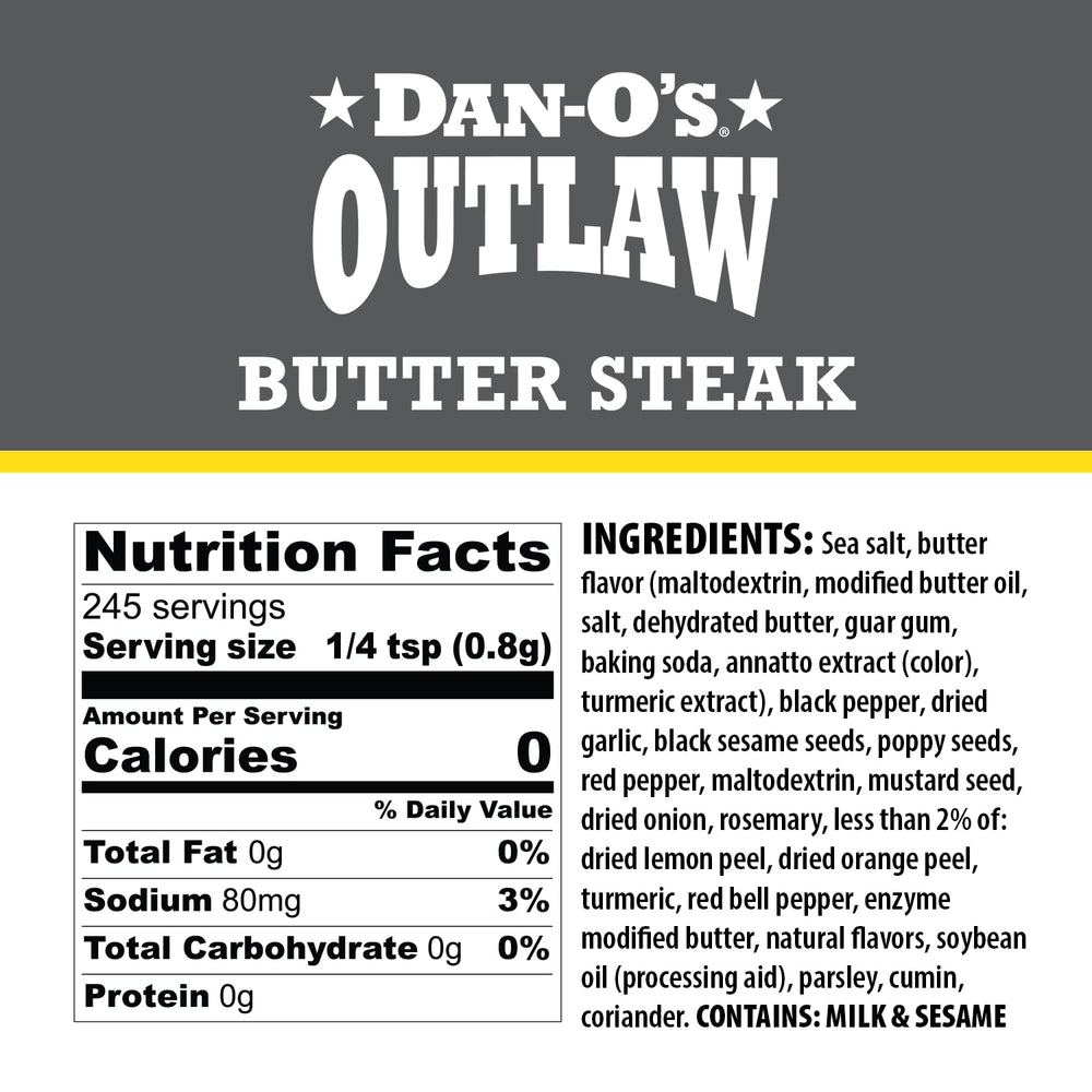 Dan-O's Outlaw Butter Steak Seasoning bottle pour showing even coating on meat.