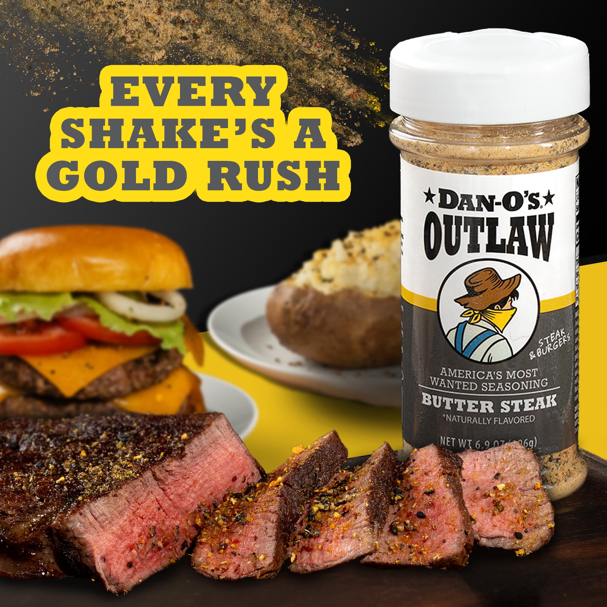 Dan-O's Outlaw Butter Steak Seasoning burger sear for bold taste.