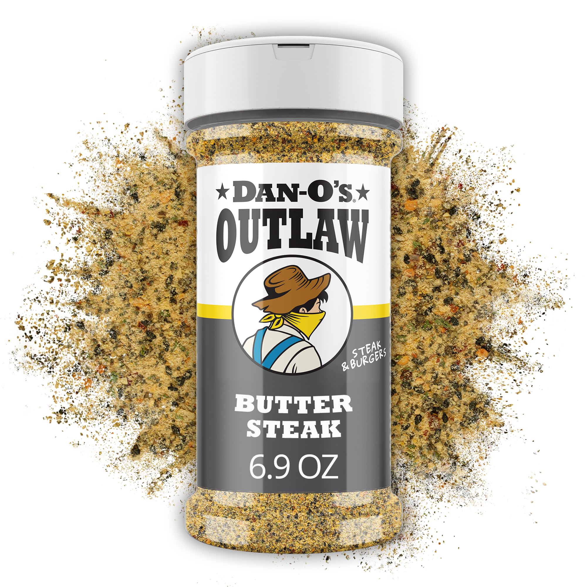 Dan-O's Outlaw Butter Steak Seasoning jar closeup highlighting rich butter flavor for steaks.