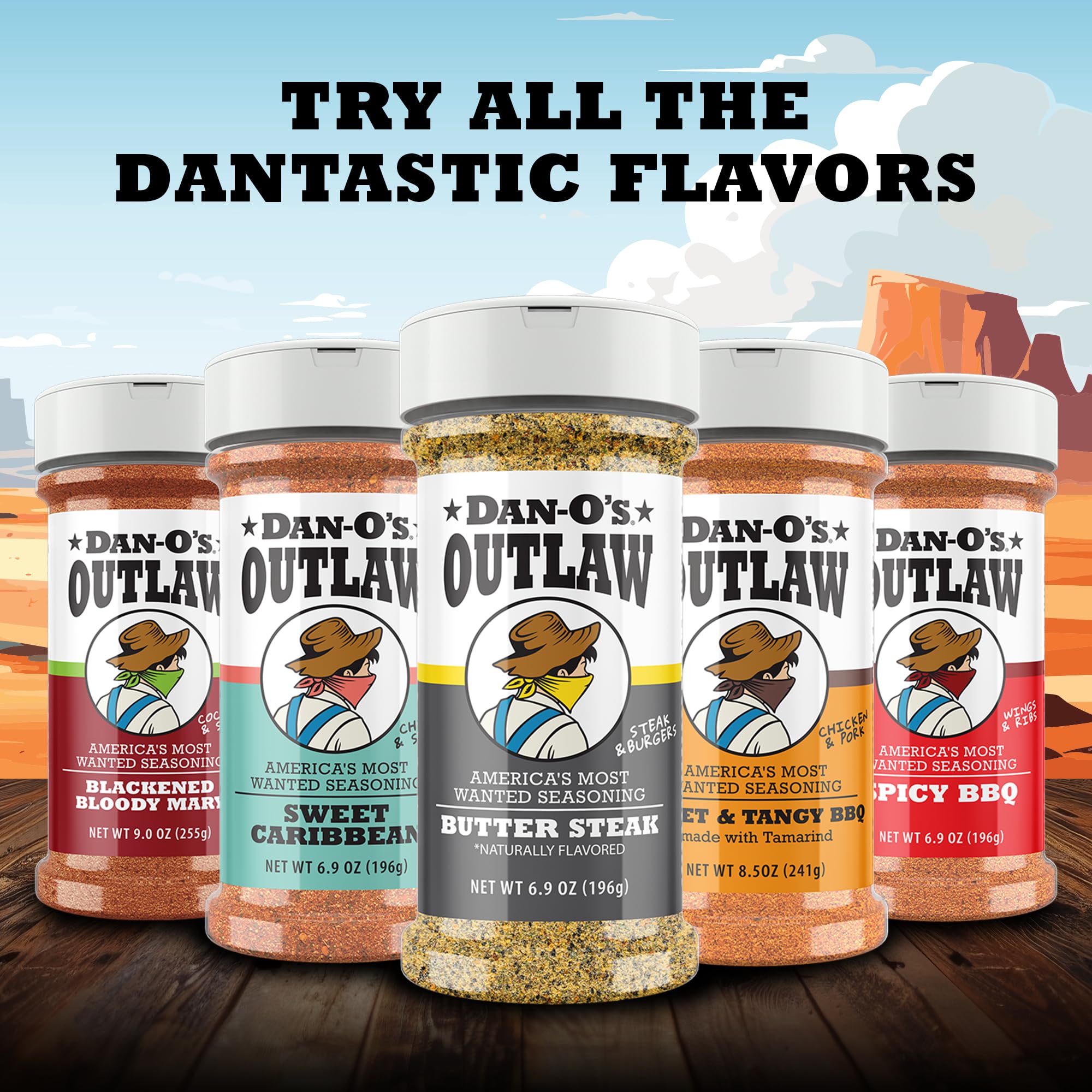 Dan-O's Outlaw Butter Steak Seasoning packaging label closeup.