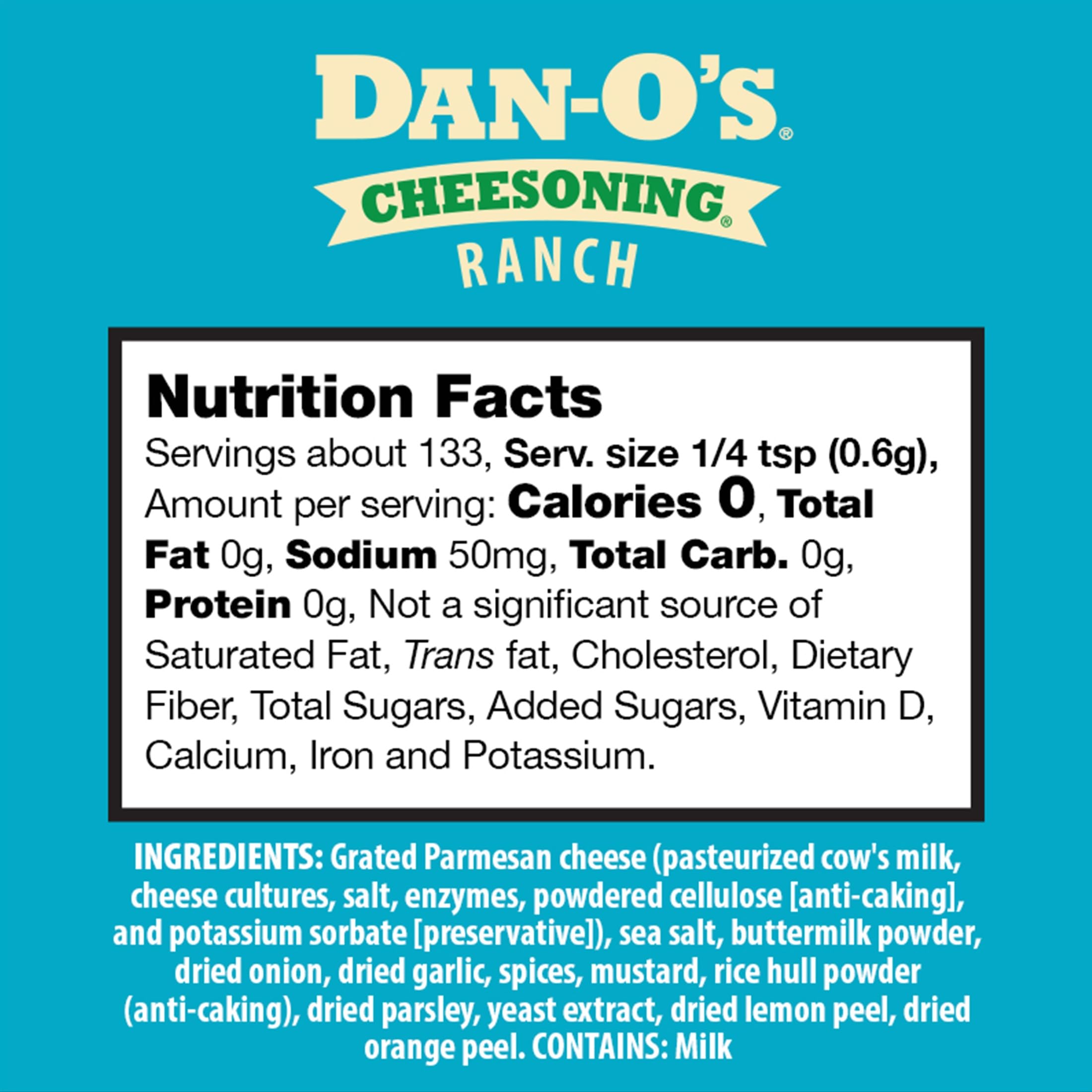 Dan-O's Ranch Cheesoning bottle label emphasizing parmesan infusion for cheesy meals