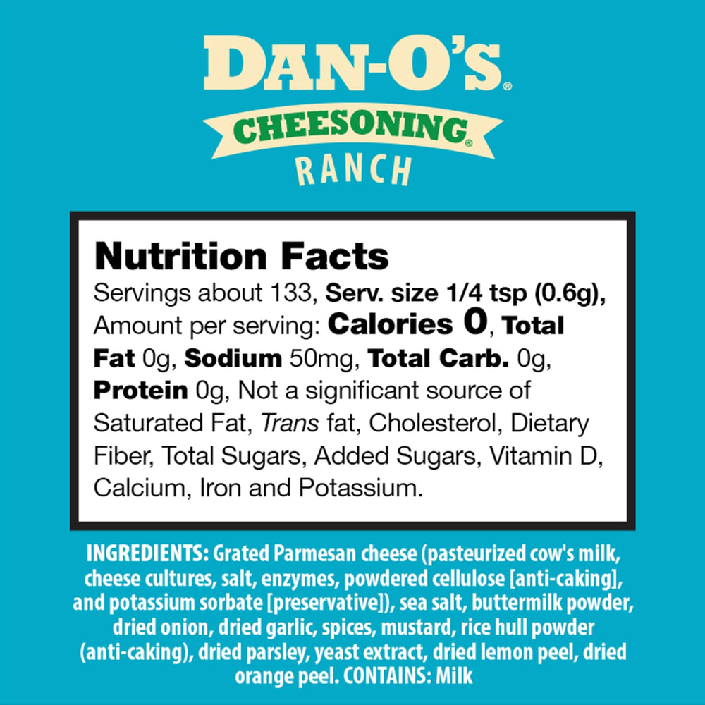 Dan-O's Ranch Cheesoning bottle label emphasizing parmesan infusion for cheesy meals