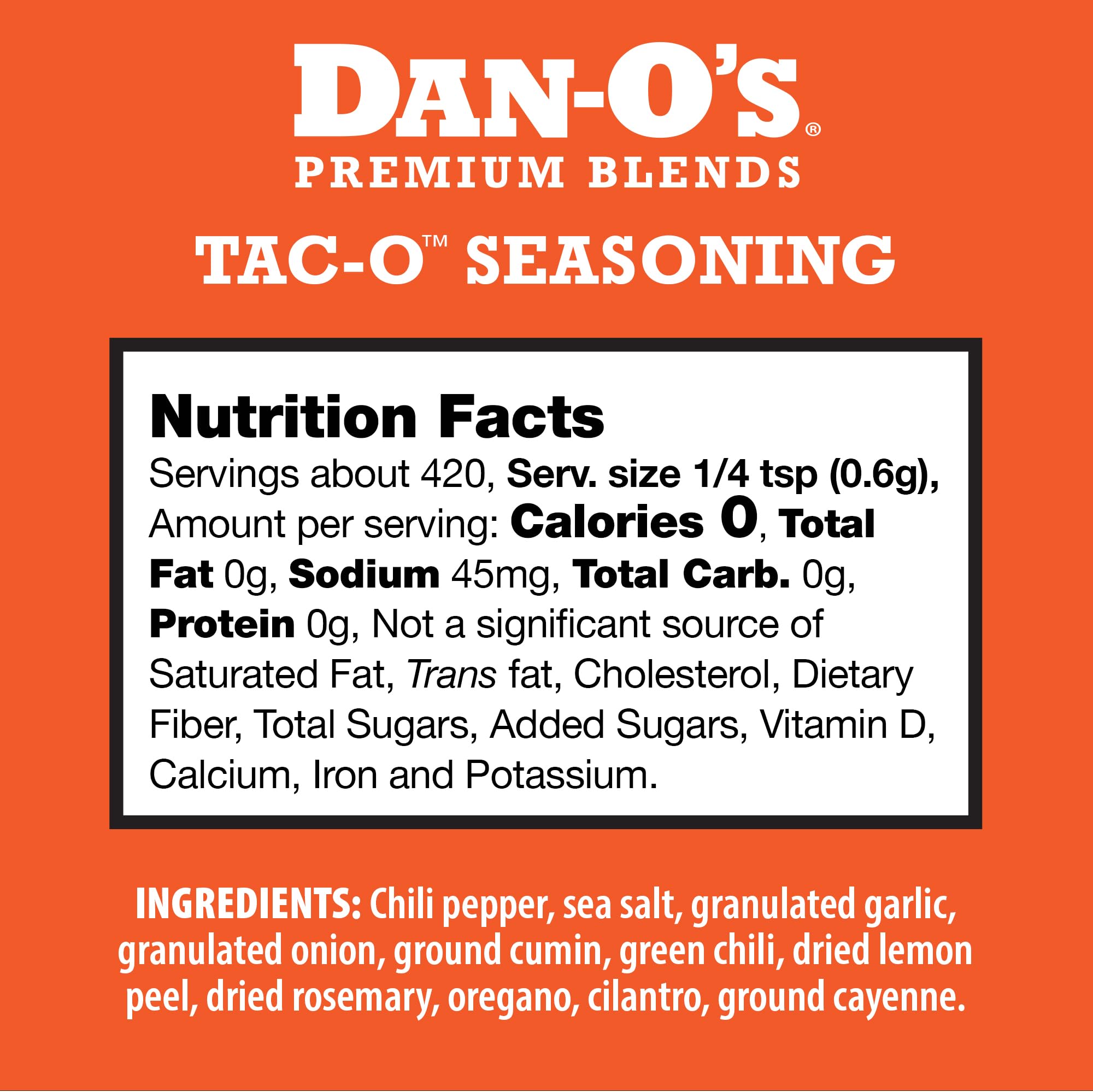 Dan-O's Tac-O Seasoning bottle close-up showing premium ingredients